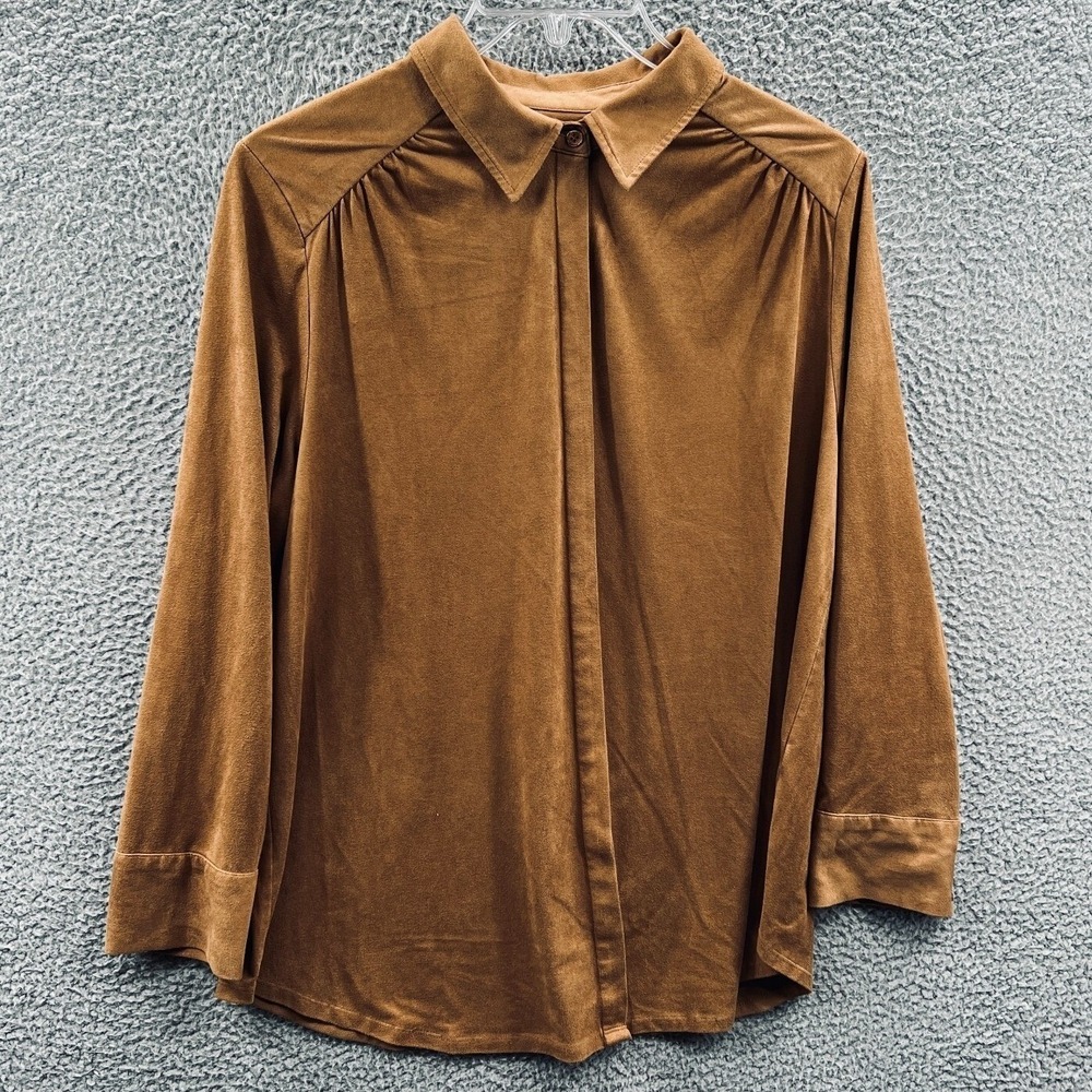 Chicos Womens Blouse XL Brown Faux Suede Button Front Stretch Minimalist Career